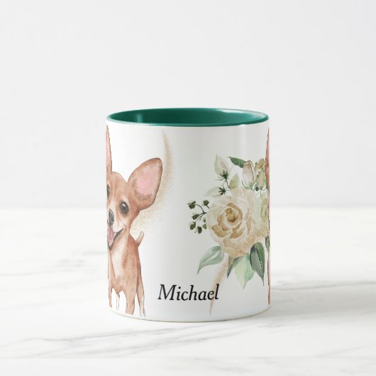 White Rose Bouquet Happy Chihuahua Dog Mok (Midden)