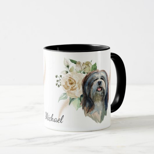 White Rose Bouquet Lhasa Apso Dog Mok (Voorkant rechts)