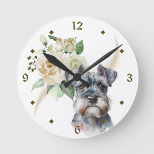 White Rose Bouquet Miniature Schnauzer Dog Ronde Klok