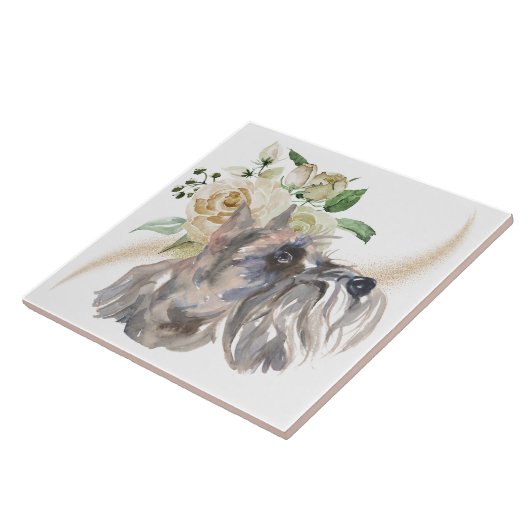 White Rose Bouquet Miniature Schnauzer Dog Tegeltje (Zijkant)