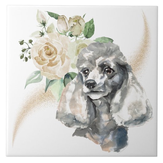 White Rose Bouquet Poodle Dog Tegeltje (Voorkant)