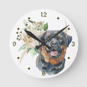 White Rose Bouquet Rottweiler Dog Ronde Klok