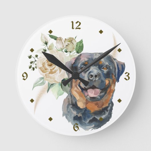 White Rose Bouquet Rottweiler Dog Ronde Klok (Voorkant)