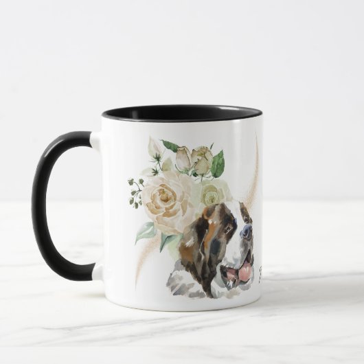 White Rose Bouquet Saint Bernard Dog Mok (Links)