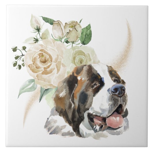 White Rose Bouquet Saint Bernard Dog Tegeltje (Voorkant)