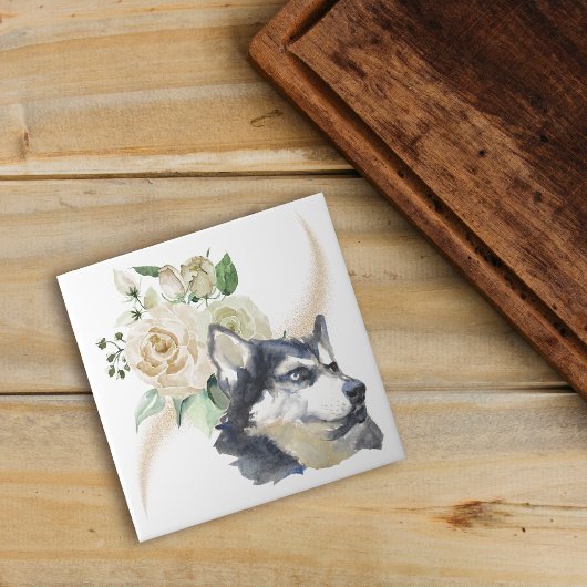 White Rose Bouquet Siberian Husky Dog Tegeltje
