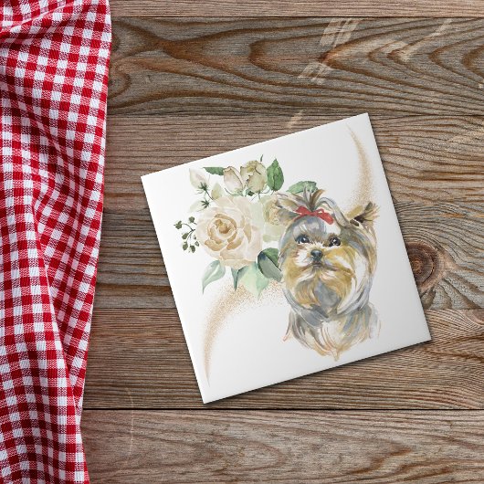 White Rose Bouquet Yorkshire Terrier Dog Tegeltje