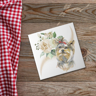 White Rose Bouquet Yorkshire Terrier Dog Tegeltje