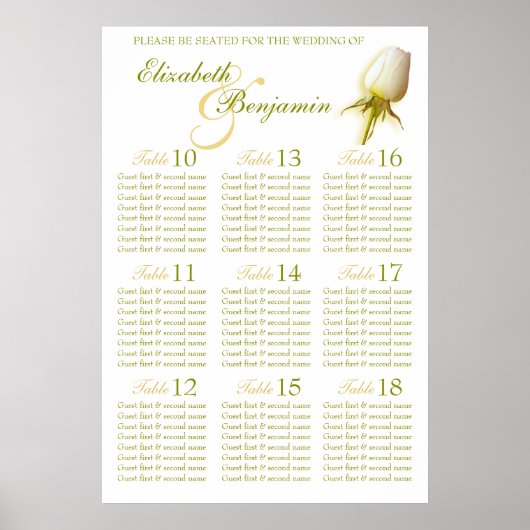 White Rose Bud Wedding Seating Table Planner 10-18 Poster (Voorkant)