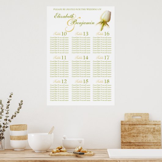 White Rose Bud Wedding Seating Table Planner 10-18 Poster (Keuken)