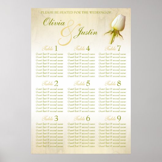 White Rose Bud Wedding Seating Table Planner 1-9 Poster (Voorkant)