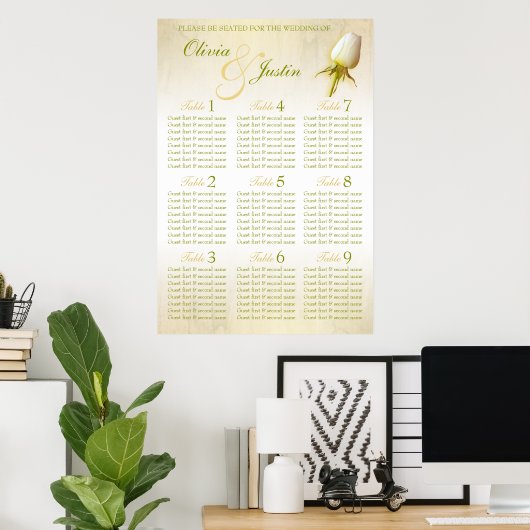 White Rose Bud Wedding Seating Table Planner 1-9 Poster (Thuiskantoor)