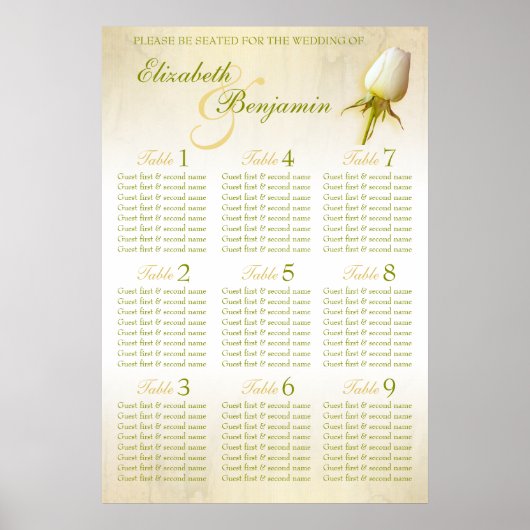 White Rose Bud Wedding Seating Table Planner 1-9 Poster (Voorkant)