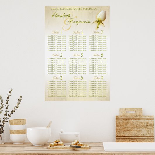 White Rose Bud Wedding Seating Table Planner 1-9 Poster (Keuken)