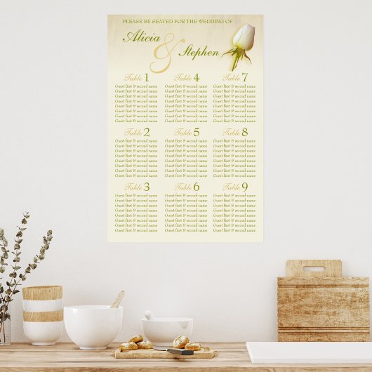 White Rose Bud Wedding Seating Table Planner 1-9 Poster (Keuken)