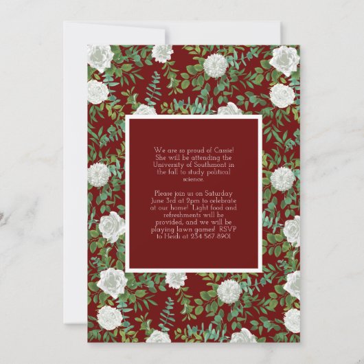 White Rose Burgundy Foto Afstuderen Aankondiging (Achterkant)