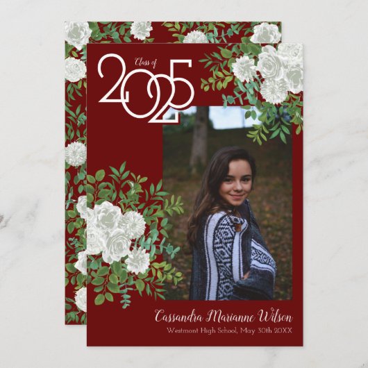 White Rose Burgundy Foto Afstuderen Aankondiging (Voorkant / Achterkant)