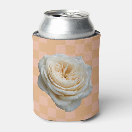 White Rose Checkered Pink Peach Can Sleeve Blikjeskoeler (Blikje Voorkant)
