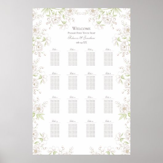 White Rose Classic Wedding Seating Chart Poster (Voorkant)