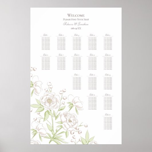 White Rose Classic Wedding Seating Chart Poster (Voorkant)