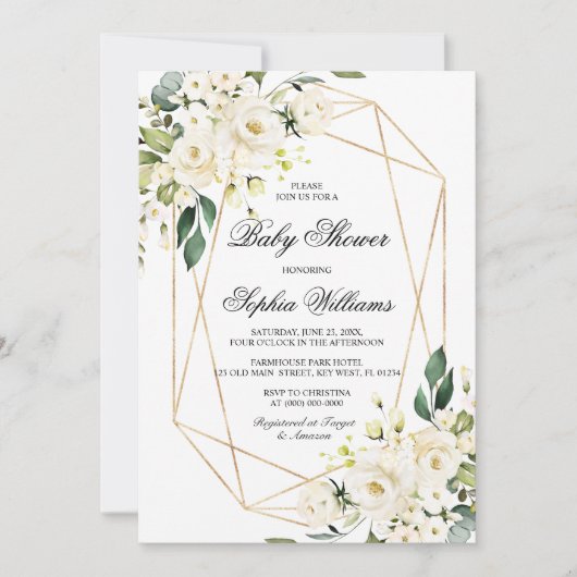 White Rose en Greenery Baby shower Kaart (Voorkant)