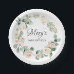 White Rose Eucalyptus 90th Birthday Paper Bord<br><div class="desc">Zeer  witte rozenbaard omringt de naam en de verjaardag van de verjaardagsfeestdag. De witte rozen worden in zachte,  groene eucalyptusbladeren genesteld. De naam van de beroemde wordt geschreven in een vrouwelijk manuscript om het zeer speciaal te maken.</div>