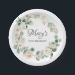 White Rose Eucalyptus 90th Birthday Paper Bord<br><div class="desc">Zeer  witte rozenbaard omringt de naam en de verjaardag van de verjaardagsfeestdag. De witte rozen worden in zachte,  groene eucalyptusbladeren genesteld. De naam van de beroemde wordt geschreven in een vrouwelijk manuscript om het zeer speciaal te maken.</div>