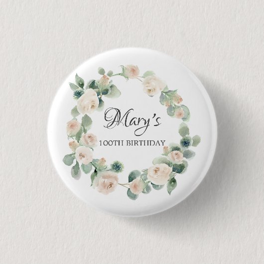 White Rose Eucalyptus Botanical 100th Birthday Ronde Button 3,2 Cm (Voorkant)