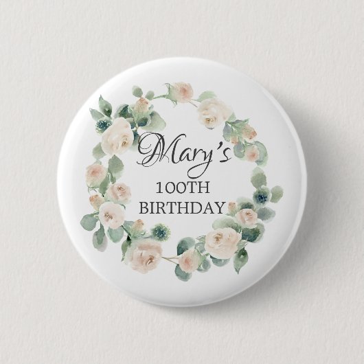 White Rose Eucalyptus Botanical 100th Birthday Ronde Button 5,7 Cm (Voorkant)