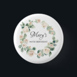 White Rose Eucalyptus Botanical 90th Birthday Ronde Button 3,2 Cm<br><div class="desc">Zeer  witte rozenbaard omringt de naam en de verjaardag van de verjaardagsfeestdag. De witte rozen worden in zachte,  groene eucalyptusbladeren genesteld. De naam van de beroemde wordt geschreven in een vrouwelijk manuscript om het zeer speciaal te maken.</div>