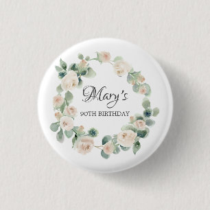 White Rose Eucalyptus Botanical 90th Birthday Ronde Button 3,2 Cm