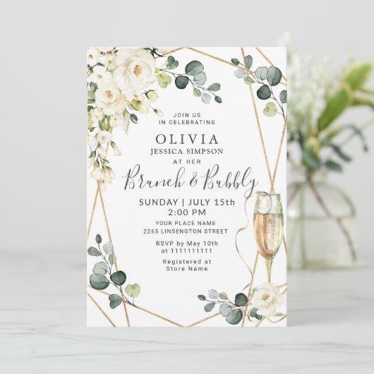 White Rose Eucalyptus Greenery Brunch & Bubble Kaart (Staand voorkant)