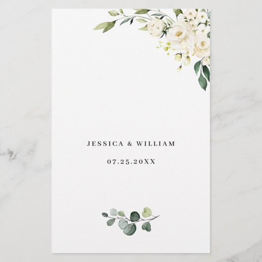 White Rose Eucalyptus Greenery Wedding Dinner Menu (Achterkant)