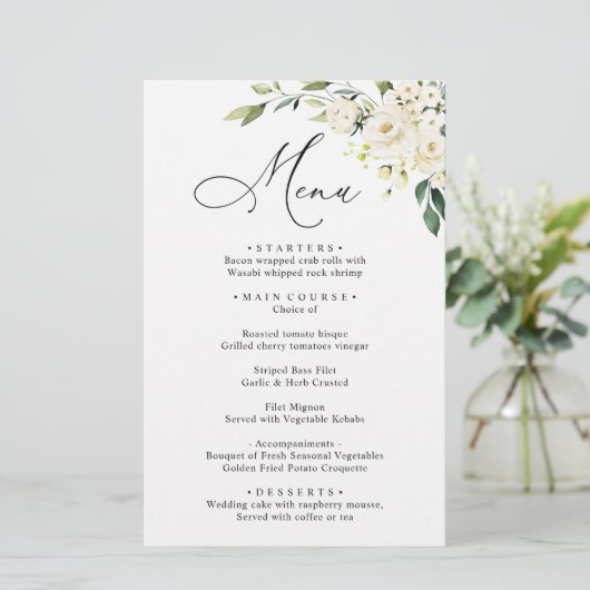 White Rose Eucalyptus Greenery Wedding Dinner Menu (Staand voorkant)
