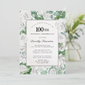 White Rose Floral 100th Birthday Party Invitation Kaart (Staand voorkant)