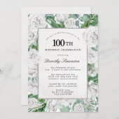 White Rose Floral 100th Birthday Party Invitation Kaart (Voorkant / Achterkant)