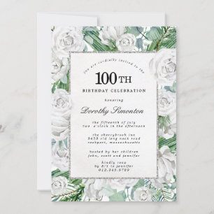 White Rose Floral 100th Birthday Party Invitation Kaart