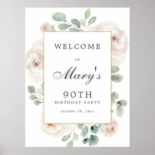 White Rose Floral 100th Birthday Welcome Sign Poster