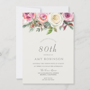 White Rose Floral 80th Birthday Party Invite Kaart