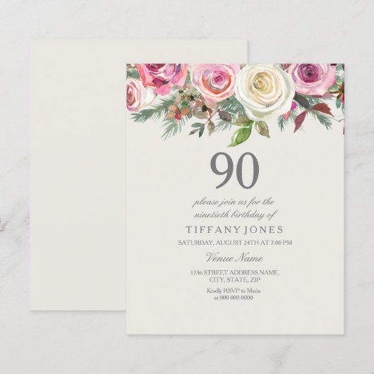 White Rose Floral 90th Birthday Budget Invitation (Voorkant / Achterkant)