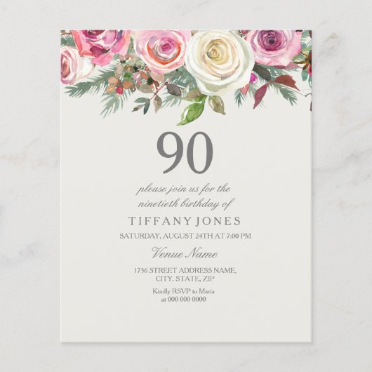 White Rose Floral 90th Birthday Budget Invitation (Voorkant)