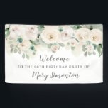 White Rose Floral 90th Birthday Party Spandoek<br><div class="desc">Mooie rozen creëer,  een verbluffende 90ste verjaardagsfeestje,  welkomstbanner. Een prachtige schikking van ivoorwitte rozen samen met aangezette wijnstokken en bladeren maakt het tot een zeer modern bloemontwerp. Het heeft een beetje een Boho Chic-vibe,  vanwege de gevaarlijke wijnstokken en bladeren.</div>