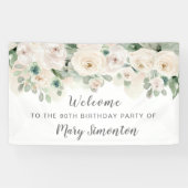 White Rose Floral 90th Birthday Party Spandoek (Horizontaal)