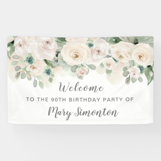 White Rose Floral 90th Birthday Party Spandoek (Horizontaal)