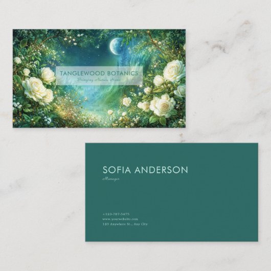 White Rose Floral and Full Moon Castle Night Visitekaartje (Voorkant / Achterkant)