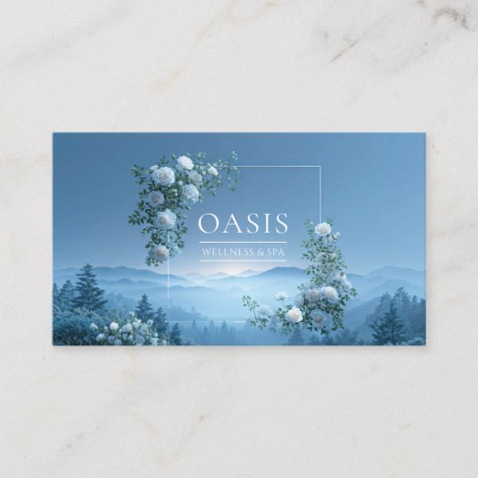 White Rose Floral and Misty Blue Mountain Valley Visitekaartje (Voorkant)