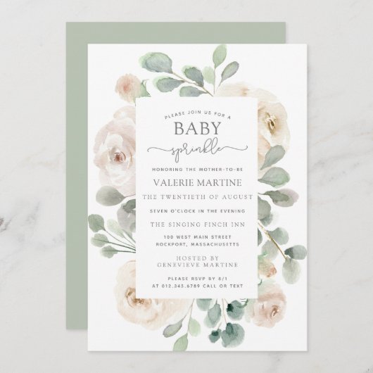 White Rose Floral Baby Sprinkle Invitation Kaart (Voorkant / Achterkant)
