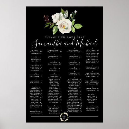 White Rose Floral Black Alfabetical Seat Chart Poster (Voorkant)