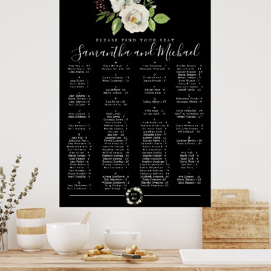 White Rose Floral Black Alfabetical Seat Chart Poster (Keuken)