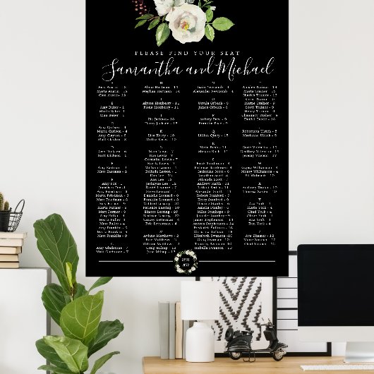 White Rose Floral Black Alfabetical Seat Chart Poster (Thuiskantoor)